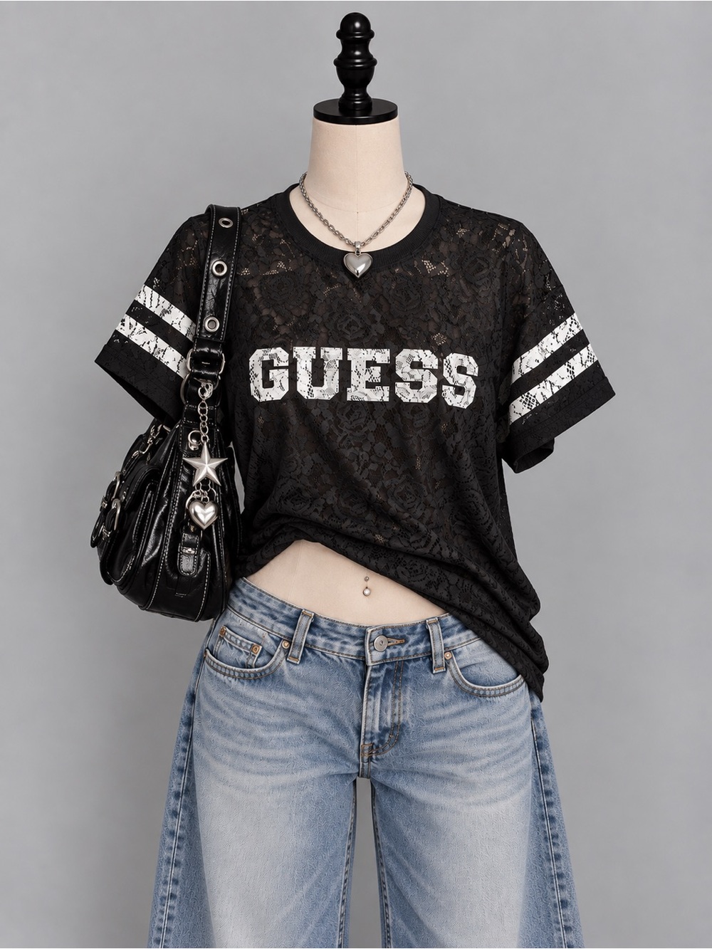 GUESS Black Floral Lace Logo Top Athletic Varsity Stripe Short Sleeve